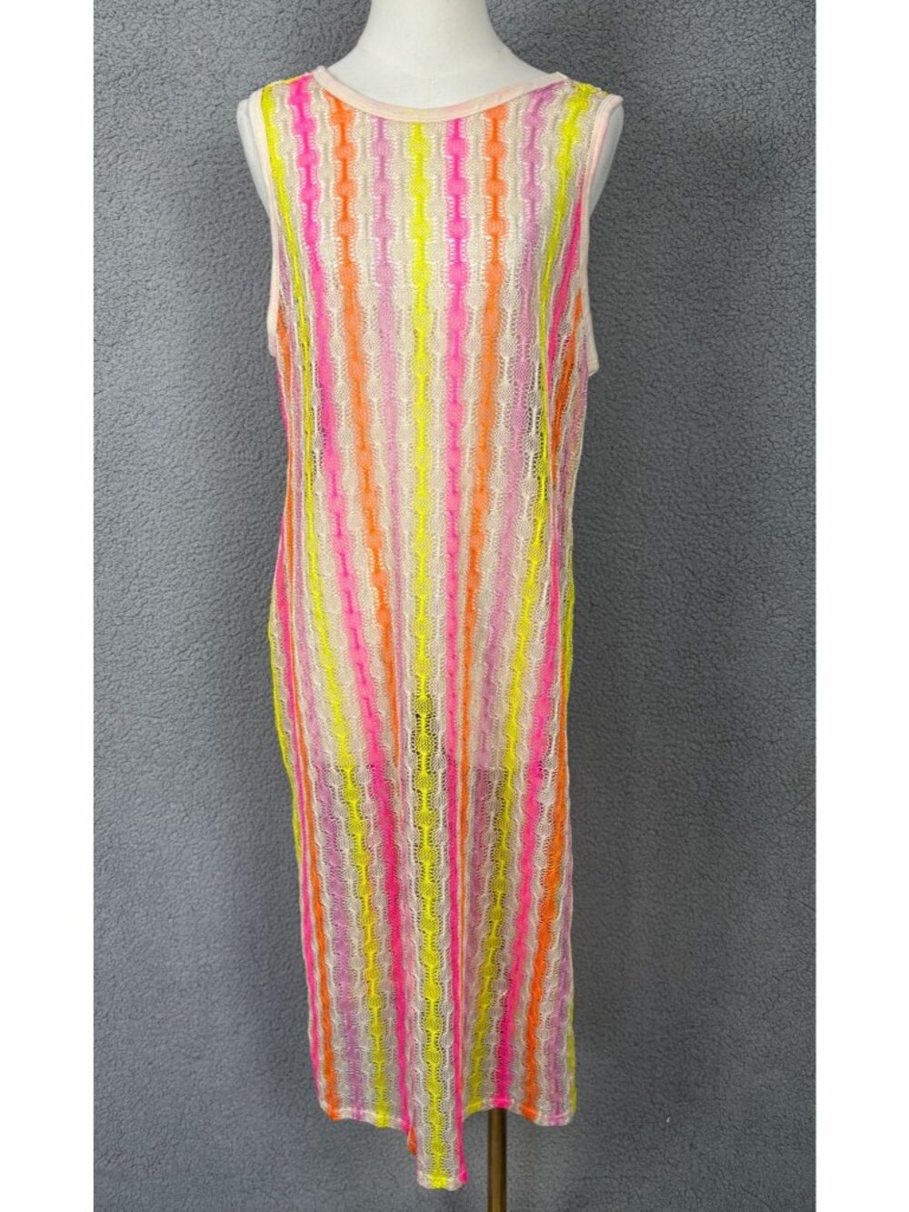 Miken Juniors' Sleeveless Neon Striped Knit Swimsuit Cover-Up Dress Multi XL NWT